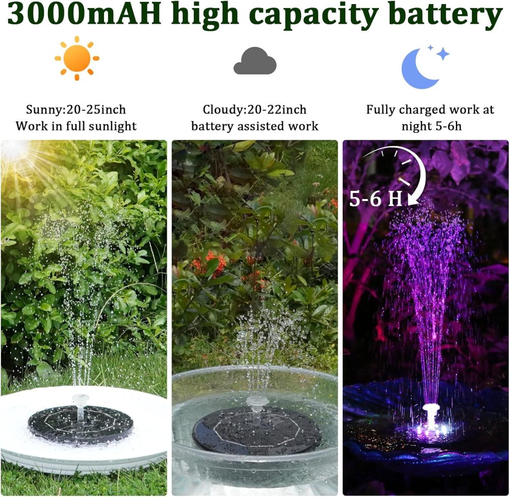 AISITIN 3,5W LED Solar Fountain Pump for Outdoor with 3000mAh Battery,Solar Bird Bath Fountain with Different Spray Effects,with Crystal Ball, Solar Powered Water Pump for Outdoor Garden, Pond