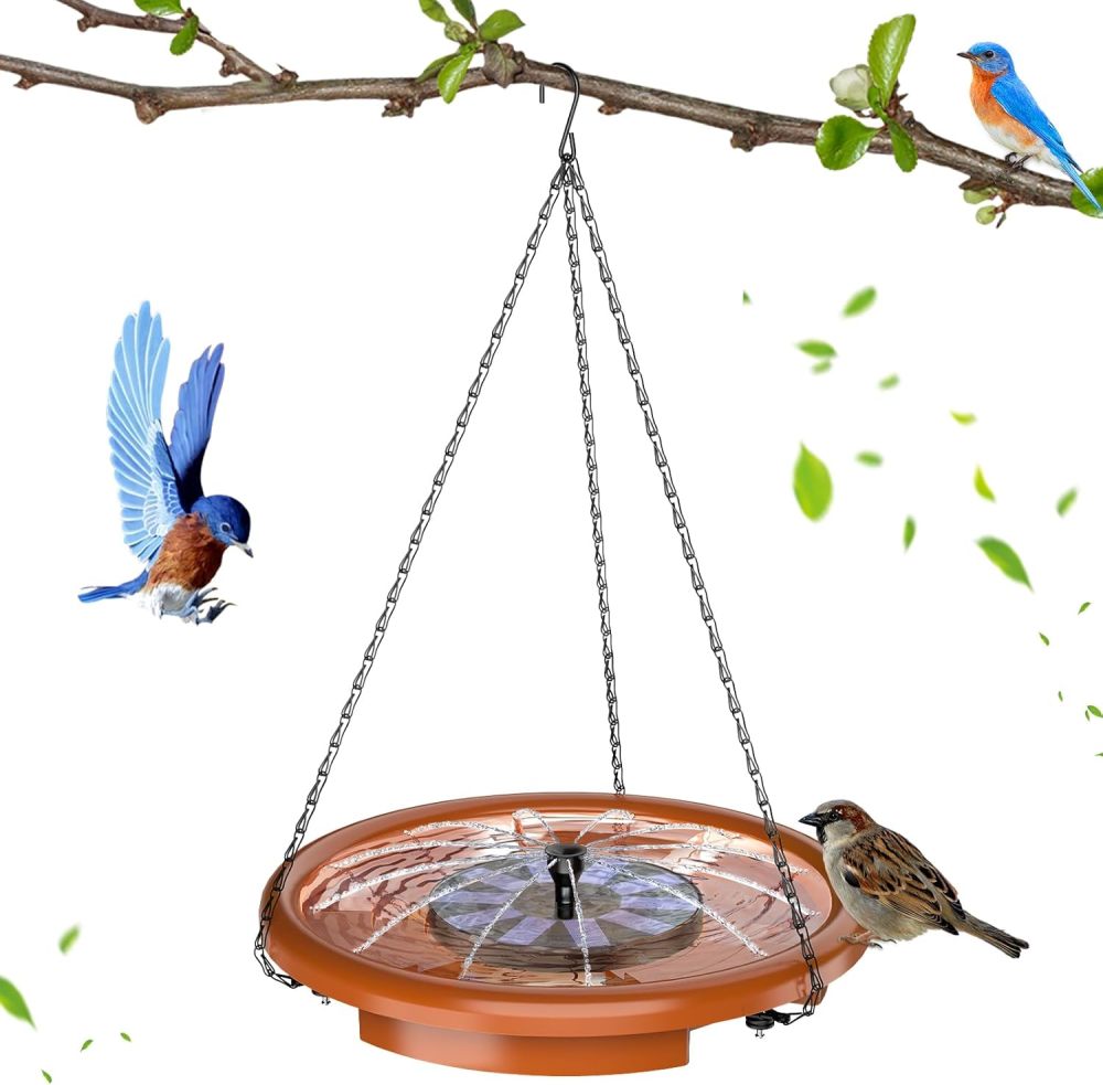 AISITIN Hanging Bird Bath Set with Solar Fountain, Hanging Solar Powered Water Fountain Outdoor 15" Bird Bath Bowl with Three Steps for Bird Bath, Feeder, Drinking, Garden, Patio Lawn and Backyard