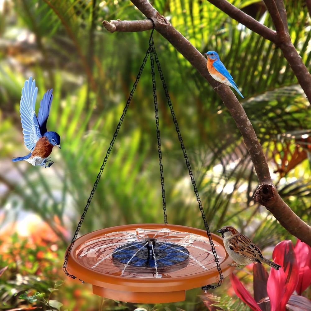 AISITIN Hanging Bird Bath Set with Solar Fountain, Hanging Solar Powered Water Fountain Outdoor 15" Bird Bath Bowl with Three Steps for Bird Bath, Feeder, Drinking, Garden, Patio Lawn and Backyard
