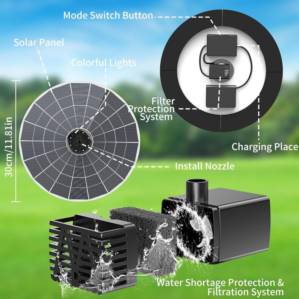 AISITIN 9W Solar Fountain Pump 2026, Solar Water Fountain Kit with 6600mAh Rechargeable Battery & 14 Nozzles & Charging Cable & Remote Control & 11 Colorful LED Lights for Garden Pond Pool Outdoor