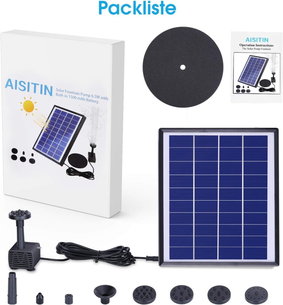 AISITIN Solar Fountain Pump 6.5W Panel with Battery Backup Solar Water Pump Floating Fountain, 6 Nozzles, for Bird Bath