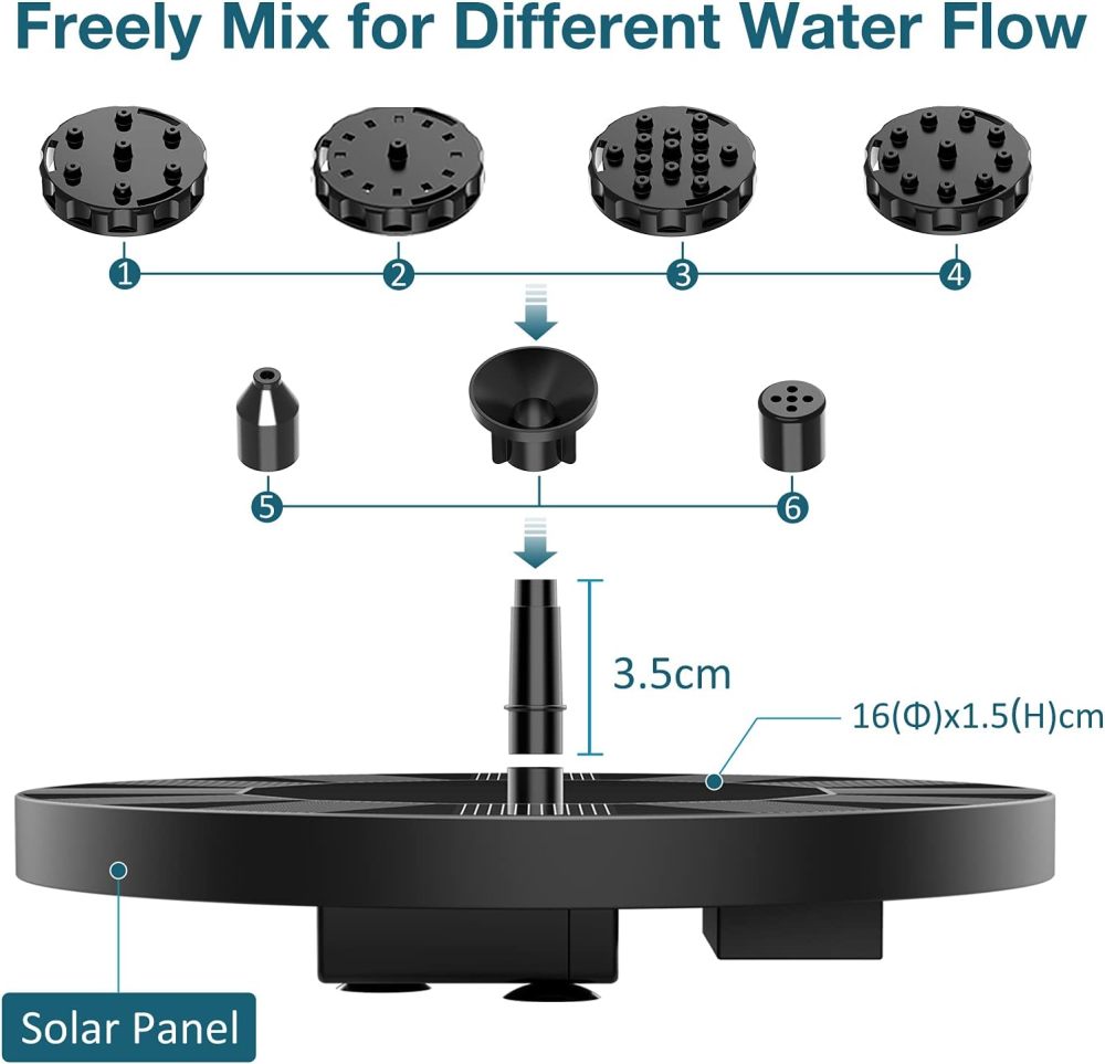 AISITIN Solar Bird Bath Fountain with 6 Nozzles, Solar Powered Floating Water Fountain Pump for Bird Bath, Pond, Pool, Garden, Fish Tank and Outdoor