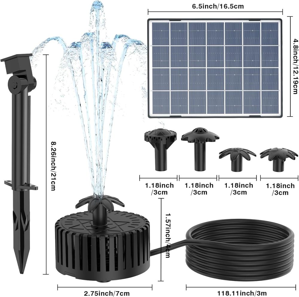 AISITIN 4.5W Solar Water Fountain, Upgraded DIY Solar Water Pump Fountain Kit with Cable Nozzles for Garden, Pond, Pool and Fish Tank