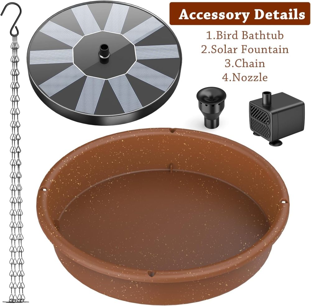 AISITIN 12" Hanging Bird Bath with Solar Fountain Pump, Solar Powered Water Fountain Pump for Bird Bath, Multi-Functional Basin for Feeder and Drinking
