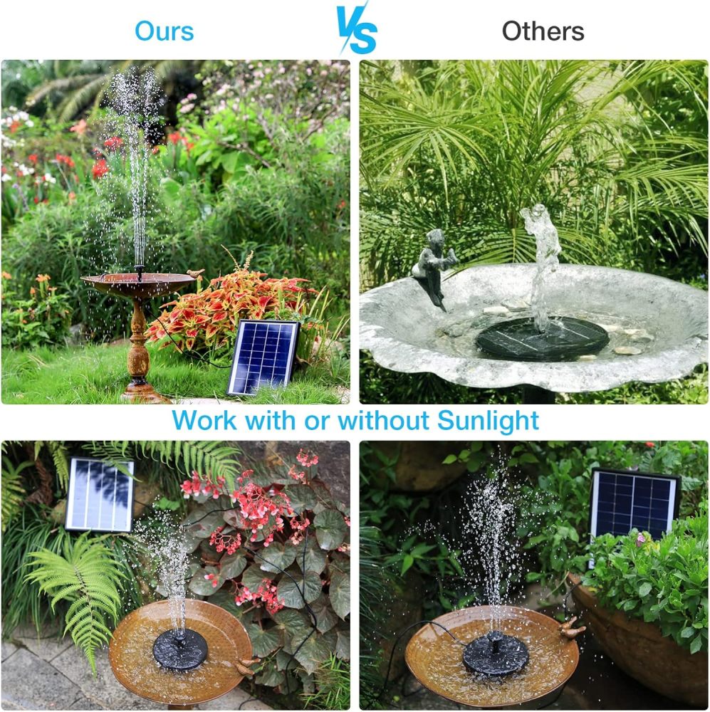 AISITIN Solar Fountain Pump 6.5W Panel with Battery Backup Solar Water Pump Floating Fountain, 6 Nozzles, for Bird Bath