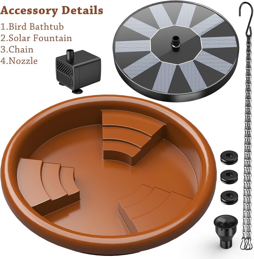 AISITIN Hanging Bird Bath Set with Solar Fountain, Hanging Solar Powered Water Fountain Outdoor 15" Bird Bath Bowl with Three Steps for Bird Bath, Feeder, Drinking, Garden, Patio Lawn and Backyard
