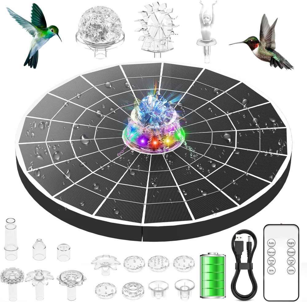 AISITIN 9W Solar Fountain Pump 2026, Solar Water Fountain Kit with 6600mAh Rechargeable Battery & 14 Nozzles & Charging Cable & Remote Control & 11 Colorful LED Lights for Garden Pond Pool Outdoor