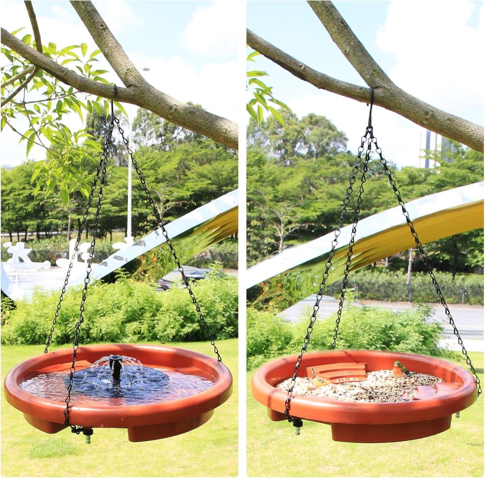 AISITIN Hanging Bird Bath Set with Solar Fountain, Hanging Solar Powered Water Fountain Outdoor 15" Bird Bath Bowl with Three Steps for Bird Bath, Feeder, Drinking, Garden, Patio Lawn and Backyard