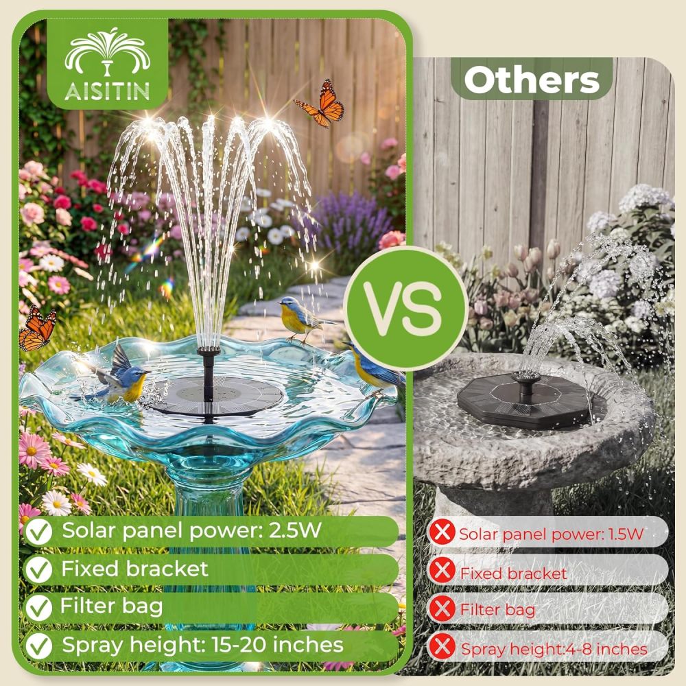 AISITIN Solar Fountain Pump 2.5W, 6.7" Solar Powered Water Fountain Pump for Bird Bath, solar pump for fountain with 6 Nozzles for Garden, Ponds, Pool, Fish Tank, Outdoor and Aquarium