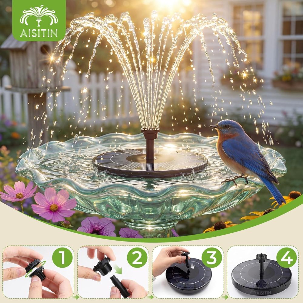 AISITIN Solar Fountain Pump 2.5W, 6.7" Solar Powered Water Fountain Pump for Bird Bath, solar pump for fountain with 6 Nozzles for Garden, Ponds, Pool, Fish Tank, Outdoor and Aquarium