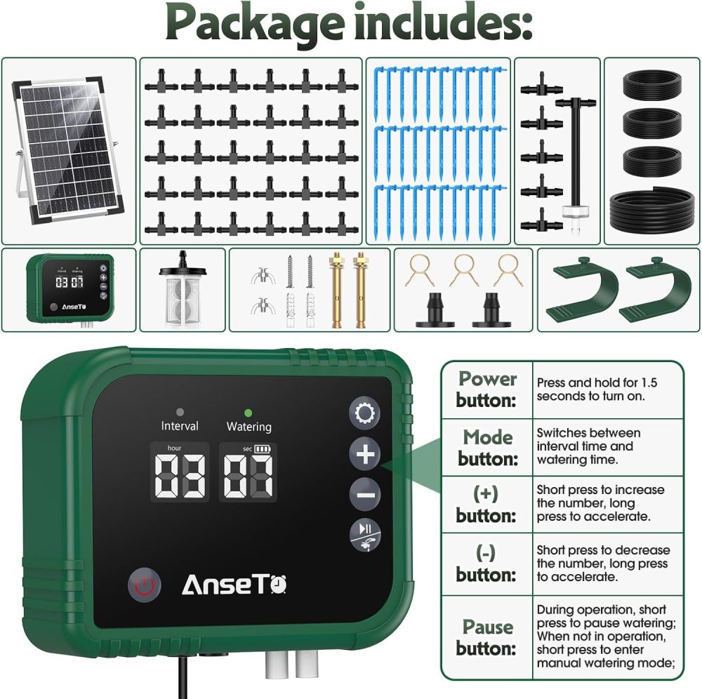 Sistema de riego por goteo solar de 8 W para jardines, kit de goteo automático de bricolaje, soporta riego de 30 ollas, incluye manguera de goteo de 114.8 ft y 30 emisores adecuados para