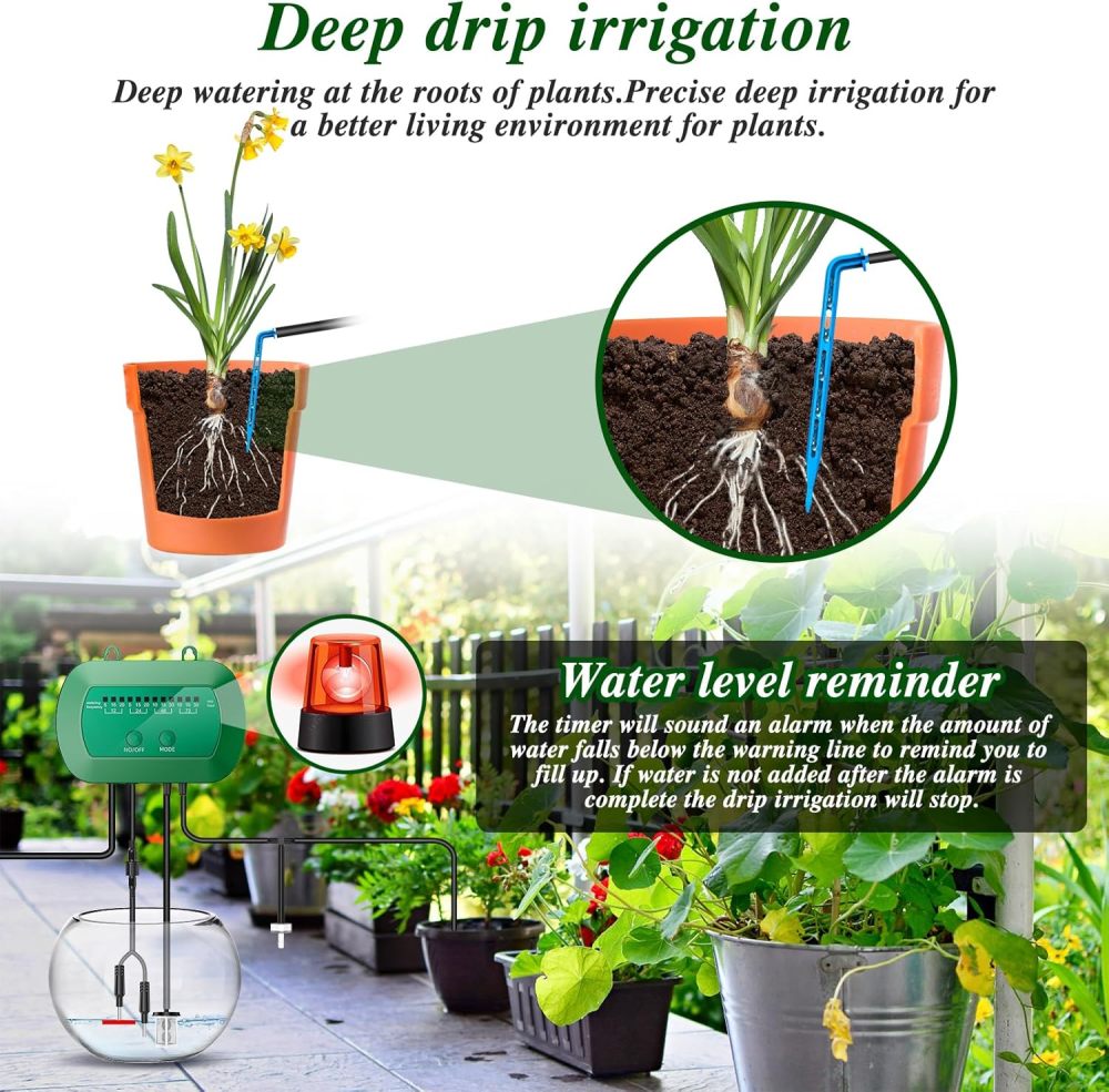 Sistema de riego por goteo solar, kit de riego automático con diseño dividido y válvula antisifón, sistema de riego de jardín de 12 modos con manguera de 49 pies para 15 plantas en maceta, patio, balcón e invernadero