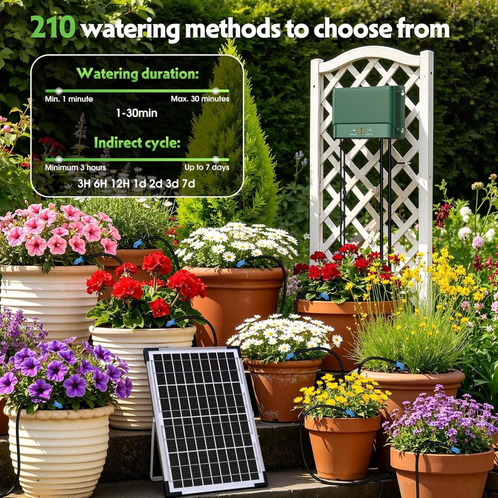 Sistema de riego solar de 10 W para riego automático de plantas, kit de riego por goteo de jardín de verano para sistema de riego por goteo de jardín solar, kit de sistema de riego compatible