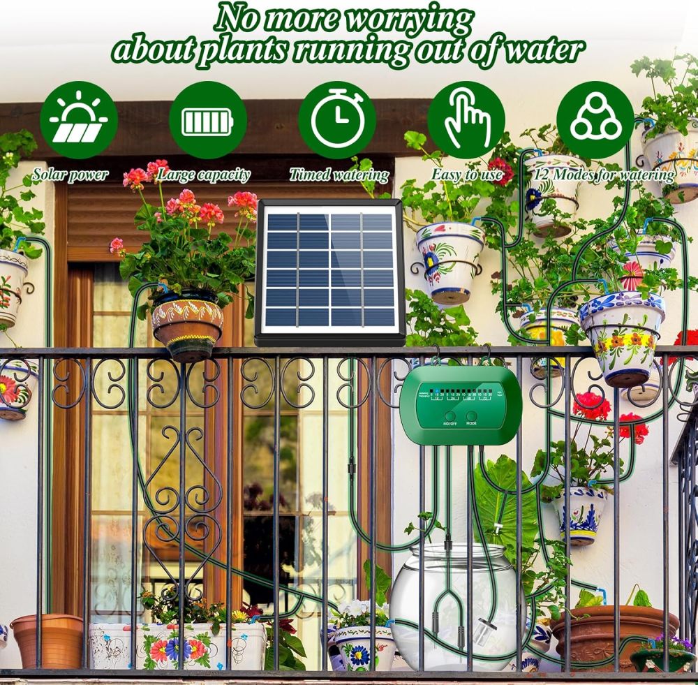 Sistema de riego por goteo solar, kit de riego automático con diseño dividido y válvula antisifón, sistema de riego de jardín de 12 modos con manguera de 49 pies para 15 plantas en maceta, patio, balcón e invernadero