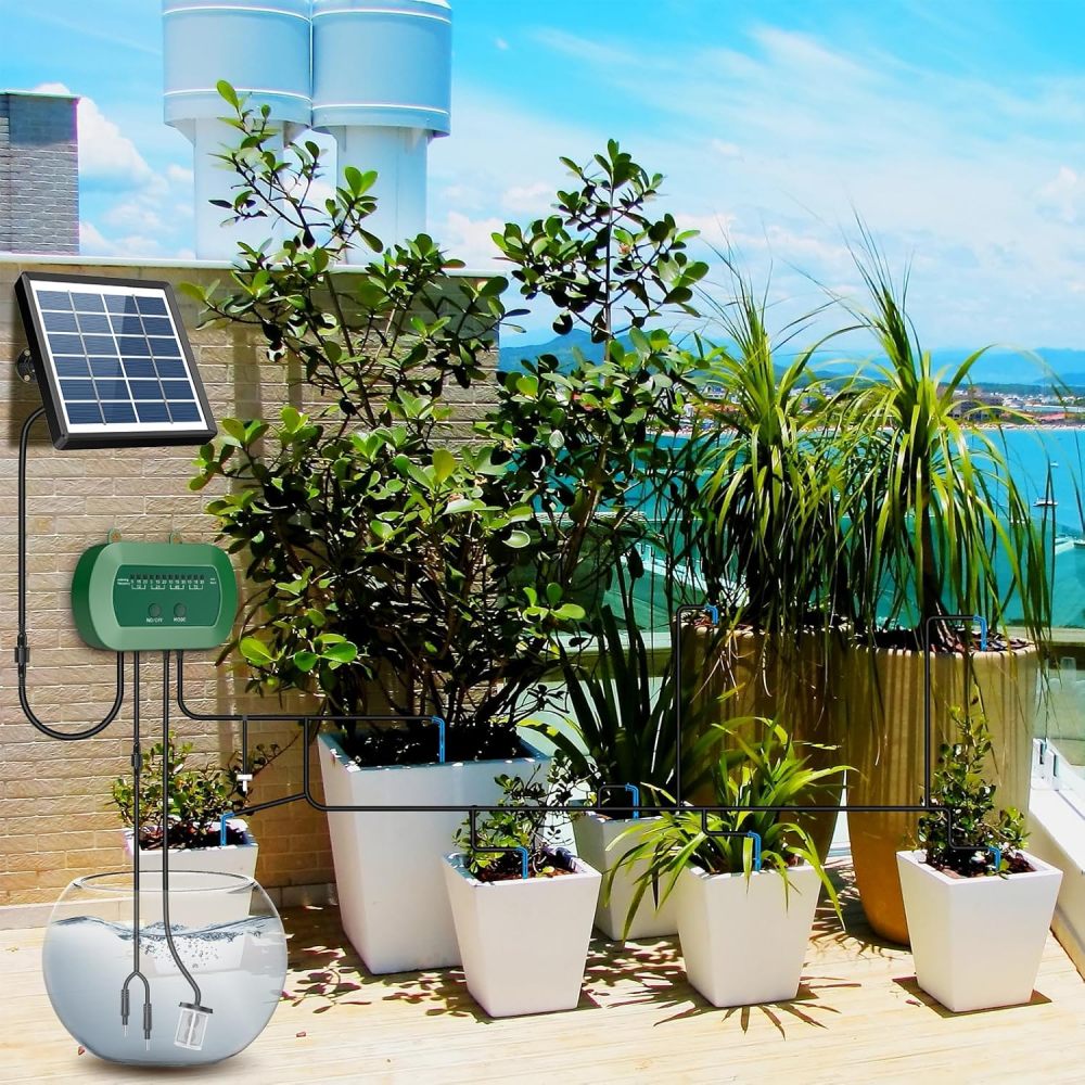 Sistema de riego por goteo solar, kit de riego automático con diseño dividido y válvula antisifón, sistema de riego de jardín de 12 modos con manguera de 49 pies para 15 plantas en maceta, patio, balcón e invernadero