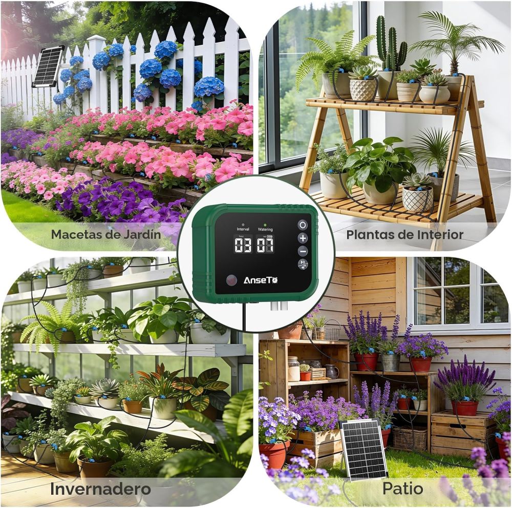 Sistema de riego por goteo solar de 8 W para jardines, kit de goteo automático de bricolaje, soporta riego de 30 ollas, incluye manguera de goteo de 114.8 ft y 30 emisores adecuados para