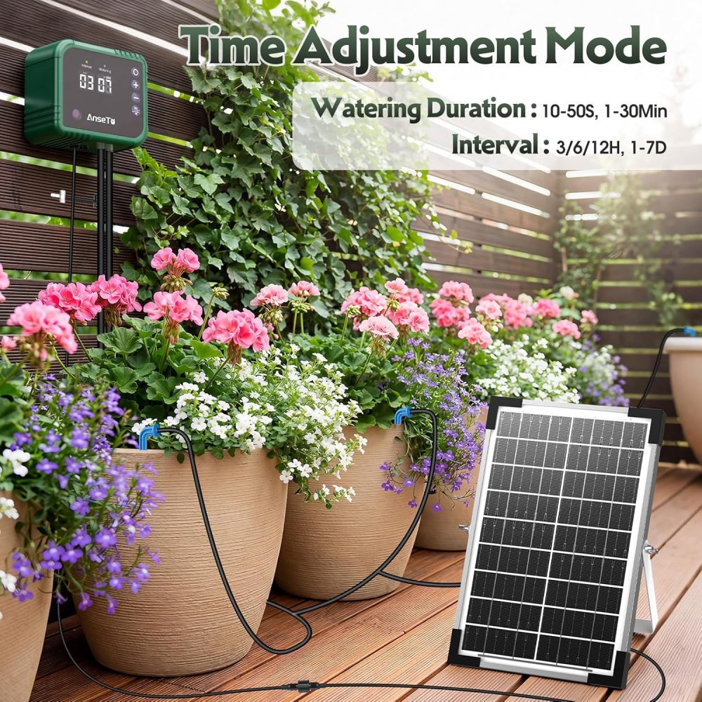 Sistema de riego por goteo solar de 8 W para jardines, kit de goteo automático de bricolaje, soporta riego de 30 ollas, incluye manguera de goteo de 114.8 ft y 30 emisores adecuados para