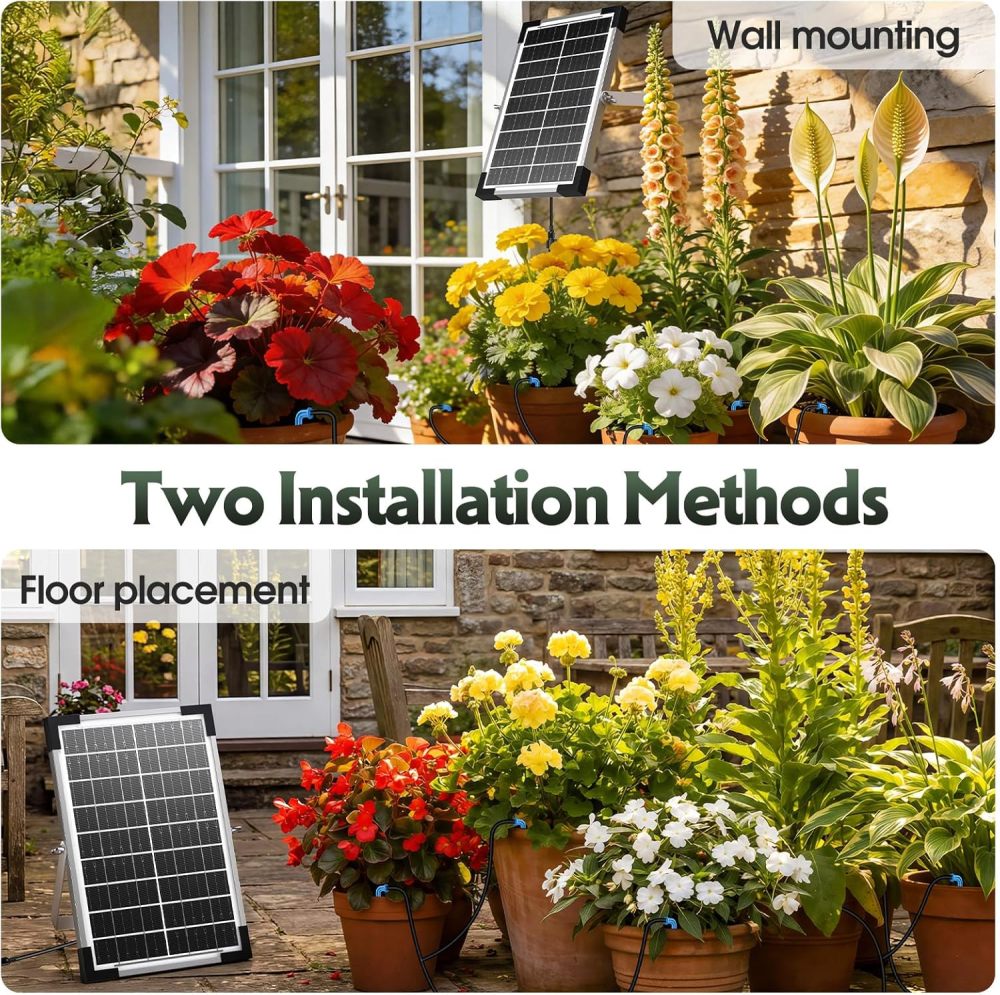 Sistema de riego por goteo solar de 8 W para jardines, kit de goteo automático de bricolaje, soporta riego de 30 ollas, incluye manguera de goteo de 114.8 ft y 30 emisores adecuados para