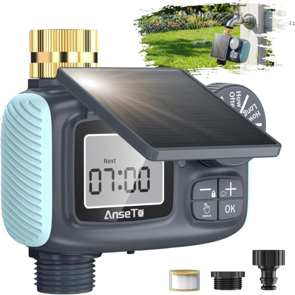 Temporizador de aspersor solar, temporizador de agua recargable solar y tipo C para manguera de jardín, sistema de grifo programable con retardo de lluvia, modo manual/automático, controlador de riego digital para césped/patio/piscina