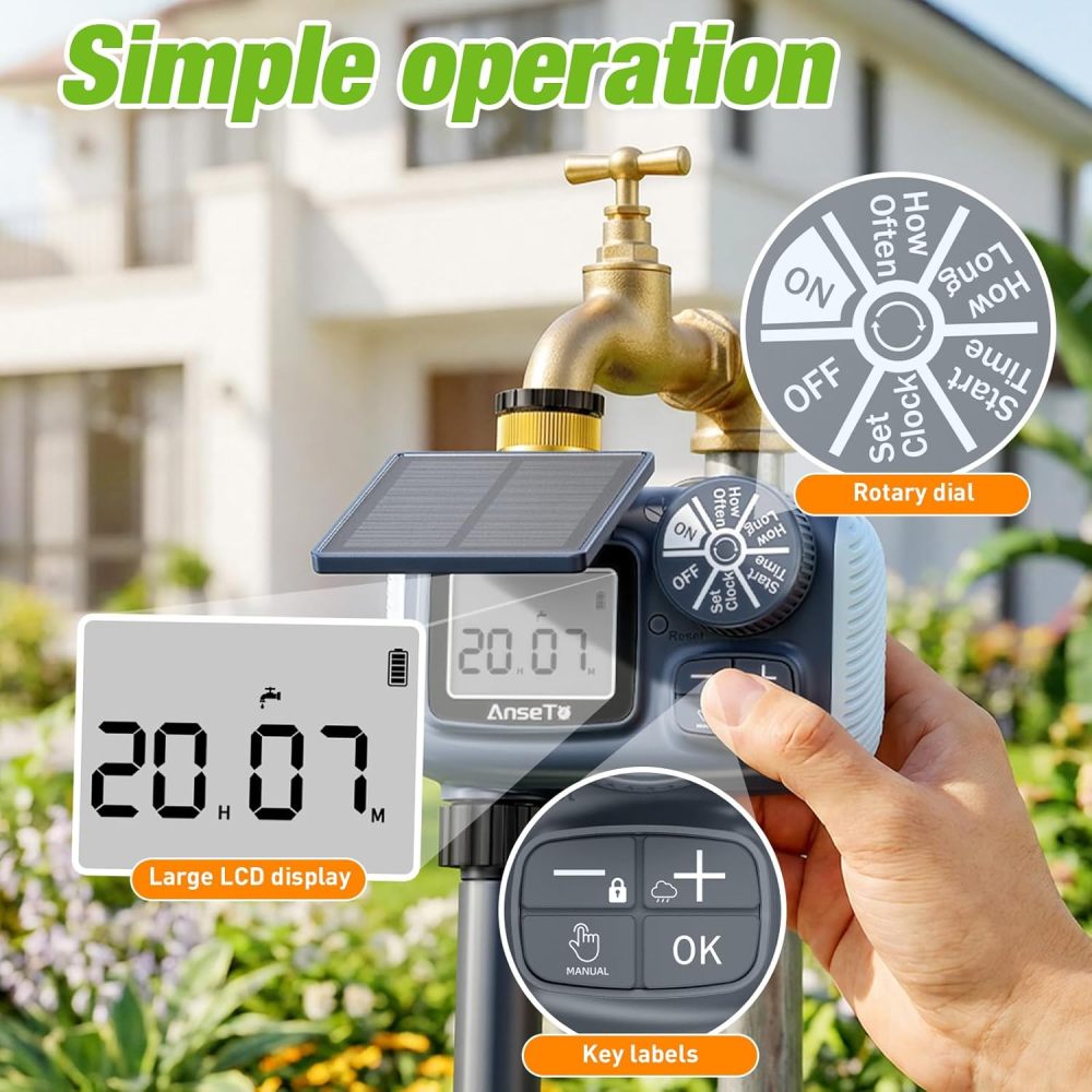 Temporizador de aspersor solar, temporizador de agua recargable solar y tipo C para manguera de jardín, sistema de grifo programable con retardo de lluvia, modo manual/automático, controlador de riego digital para césped/patio/piscina