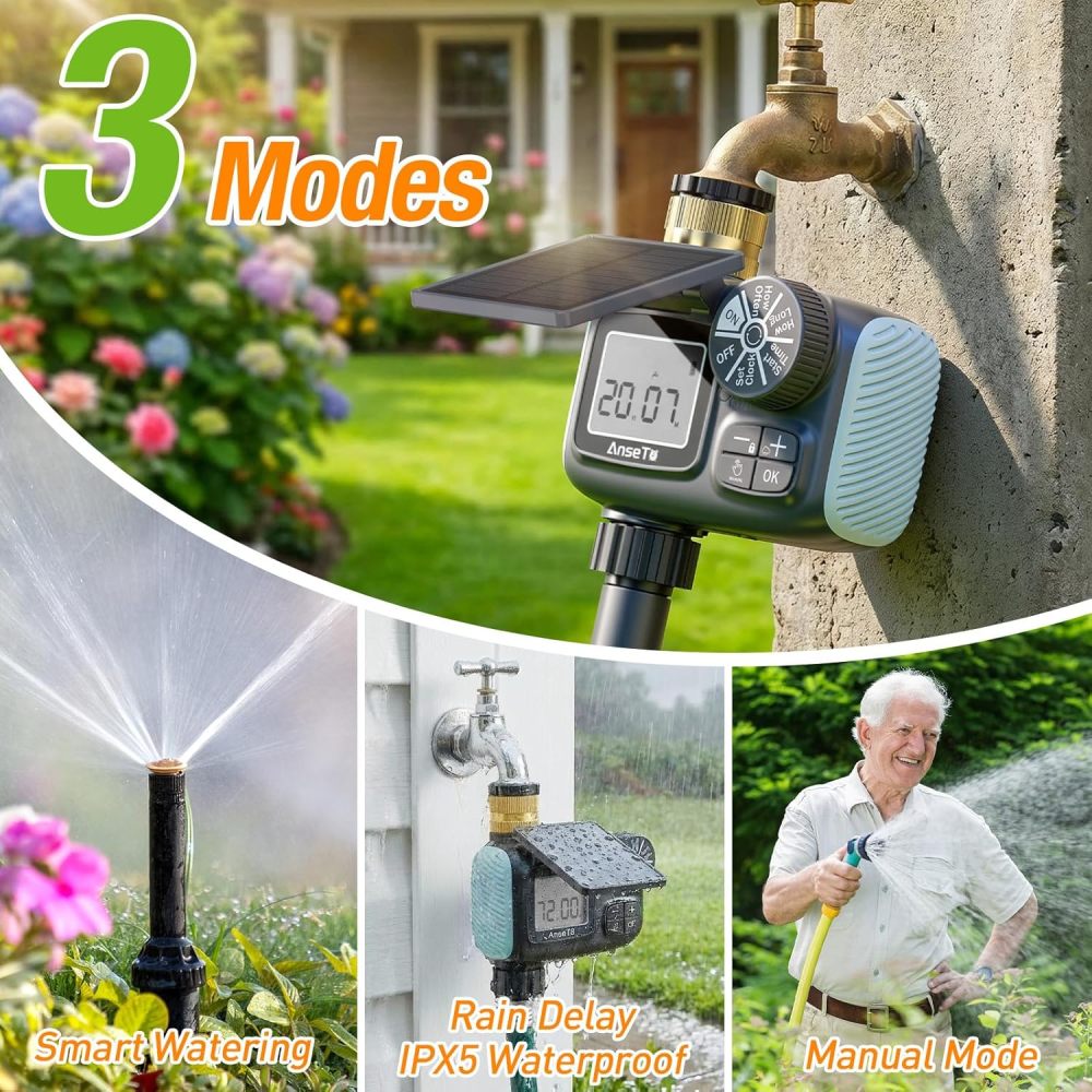 Temporizador de aspersor solar, temporizador de agua recargable solar y tipo C para manguera de jardín, sistema de grifo programable con retardo de lluvia, modo manual/automático, controlador de riego digital para césped/patio/piscina