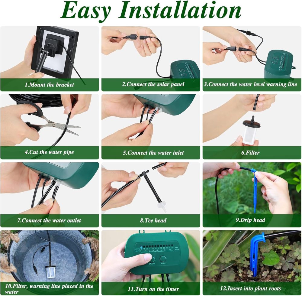 Sistema de riego por goteo solar, kit de riego automático con diseño dividido y válvula antisifón, sistema de riego de jardín de 12 modos con manguera de 49 pies para 15 plantas en maceta, patio, balcón e invernadero
