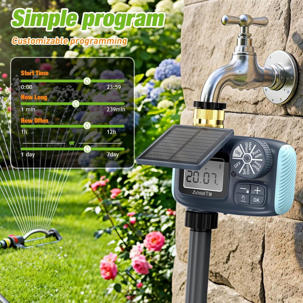 Temporizador de aspersor solar, temporizador de agua recargable solar y tipo C para manguera de jardín, sistema de grifo programable con retardo de lluvia, modo manual/automático, controlador de riego digital para césped/patio/piscina