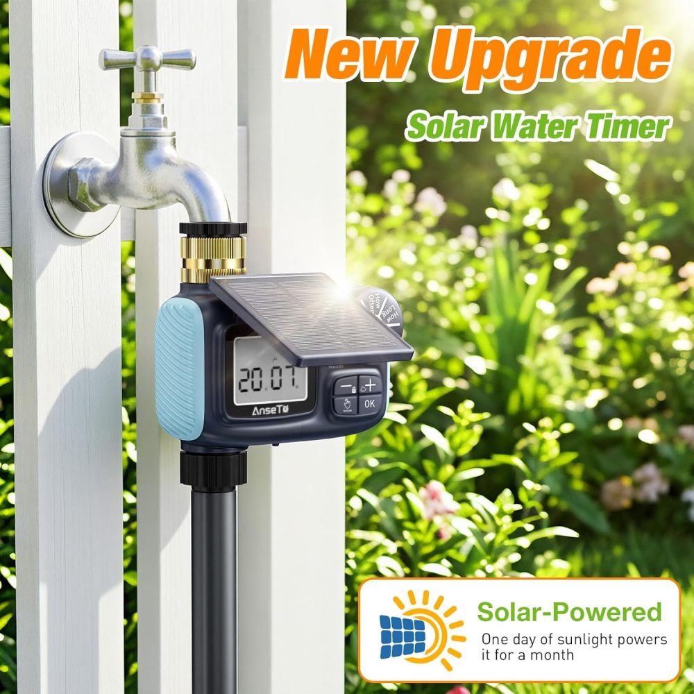 Temporizador de aspersor solar, temporizador de agua recargable solar y tipo C para manguera de jardín, sistema de grifo programable con retardo de lluvia, modo manual/automático, controlador de riego digital para césped/patio/piscina
