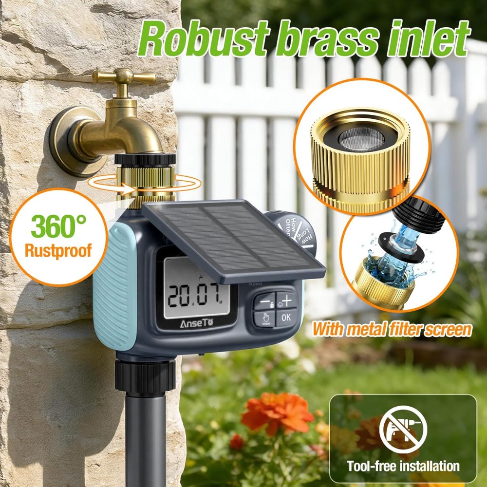 Temporizador de aspersor solar, temporizador de agua recargable solar y tipo C para manguera de jardín, sistema de grifo programable con retardo de lluvia, modo manual/automático, controlador de riego digital para césped/patio/piscina