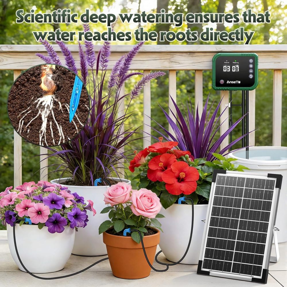 Sistema de riego por goteo solar de 8 W para jardines, kit de goteo automático de bricolaje, soporta riego de 30 ollas, incluye manguera de goteo de 114.8 ft y 30 emisores adecuados para