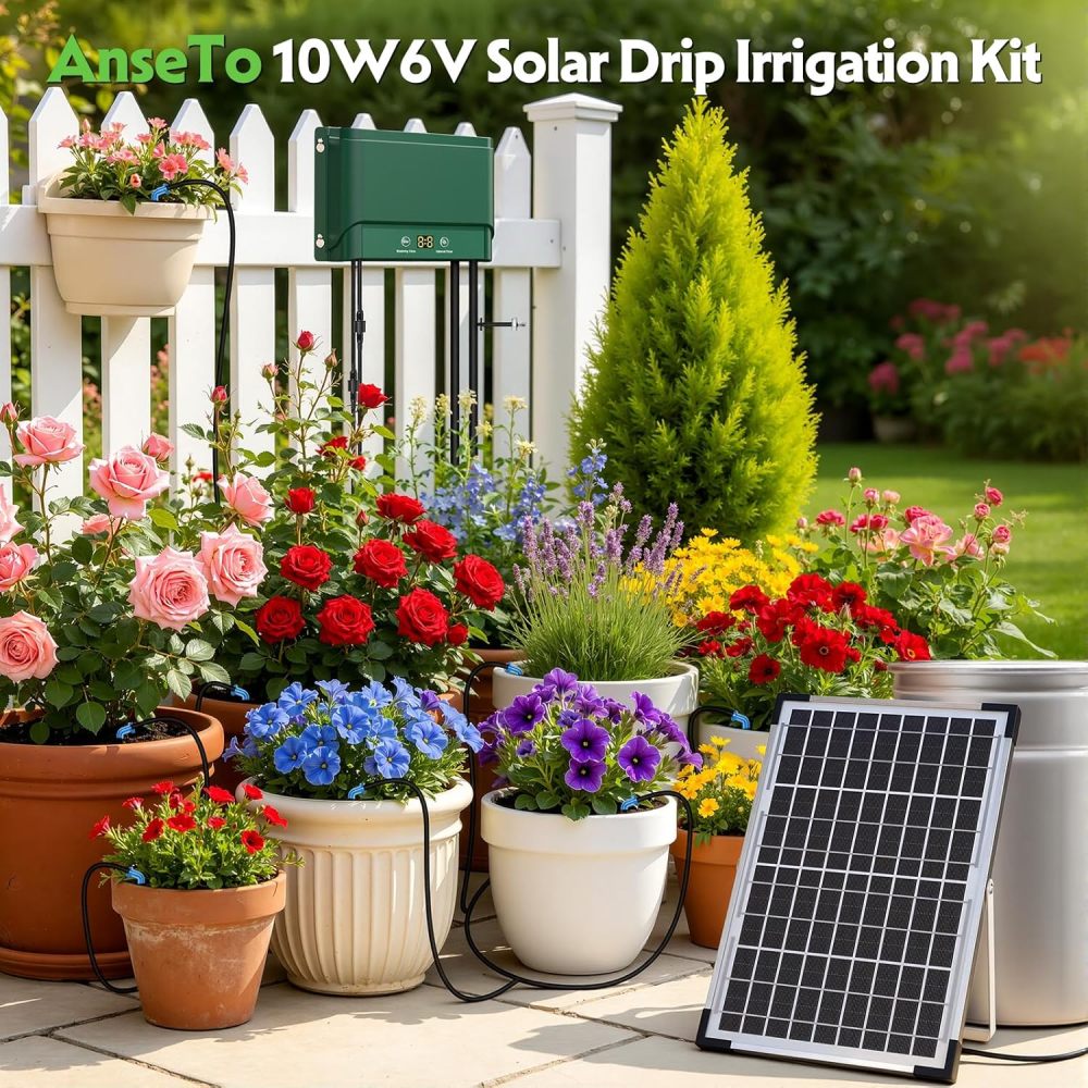 Sistema de riego solar de 10 W para riego automático de plantas, kit de riego por goteo de jardín de verano para sistema de riego por goteo de jardín solar, kit de sistema de riego compatible