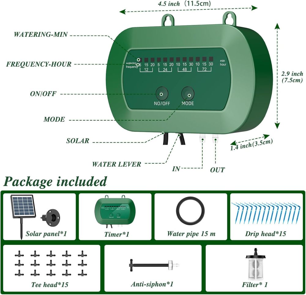 Sistema de riego por goteo solar, kit de riego automático con diseño dividido y válvula antisifón, sistema de riego de jardín de 12 modos con manguera de 49 pies para 15 plantas en maceta, patio, balcón e invernadero