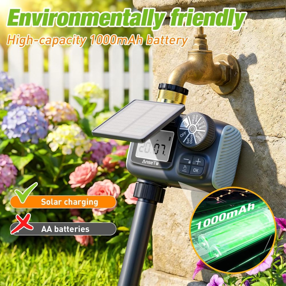 Temporizador de aspersor solar, temporizador de agua recargable solar y tipo C para manguera de jardín, sistema de grifo programable con retardo de lluvia, modo manual/automático, controlador de riego digital para césped/patio/piscina