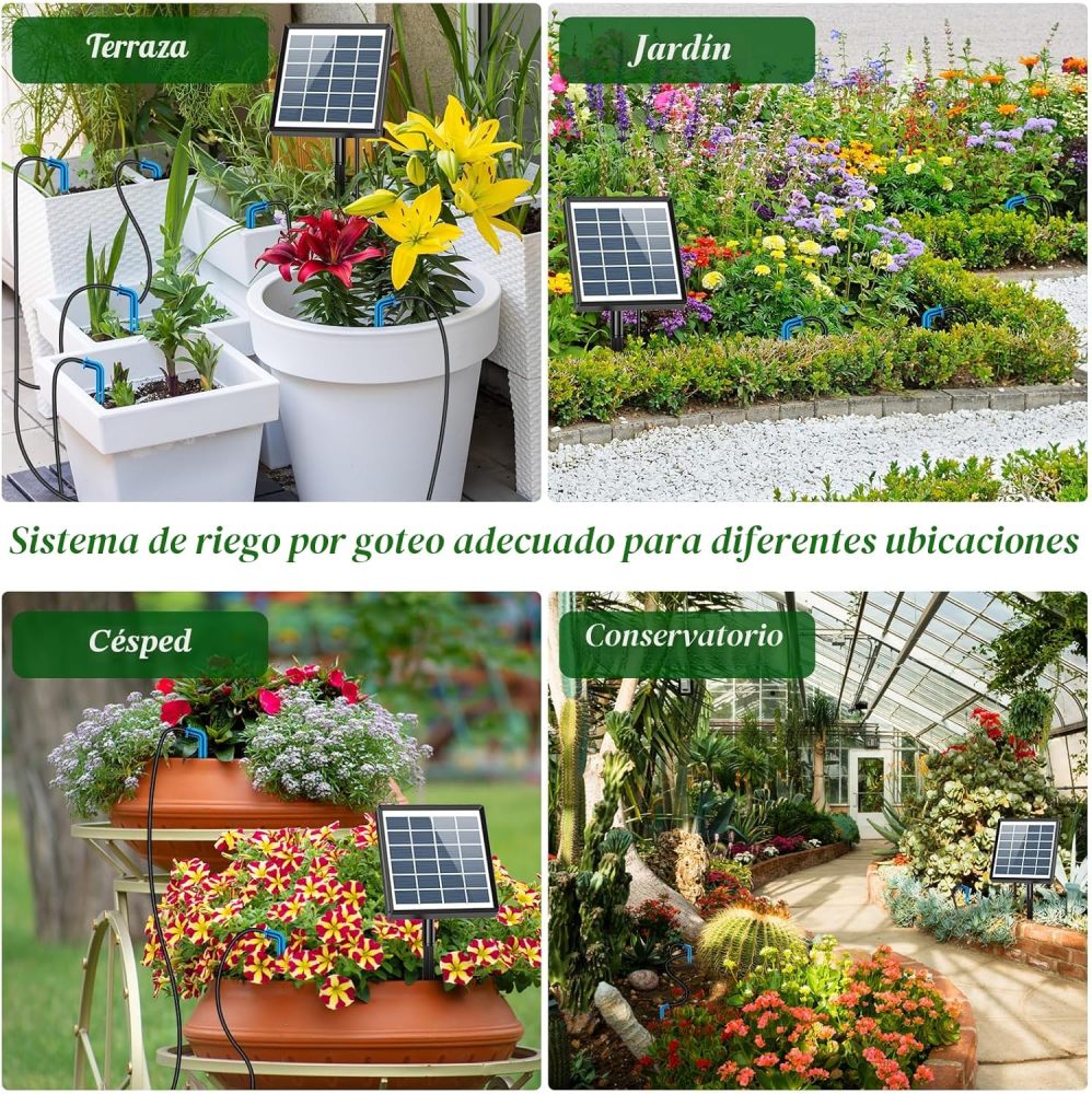 Sistema de riego por goteo solar, kit de riego automático con diseño dividido y válvula antisifón, sistema de riego de jardín de 12 modos con manguera de 49 pies para 15 plantas en maceta, patio, balcón e invernadero