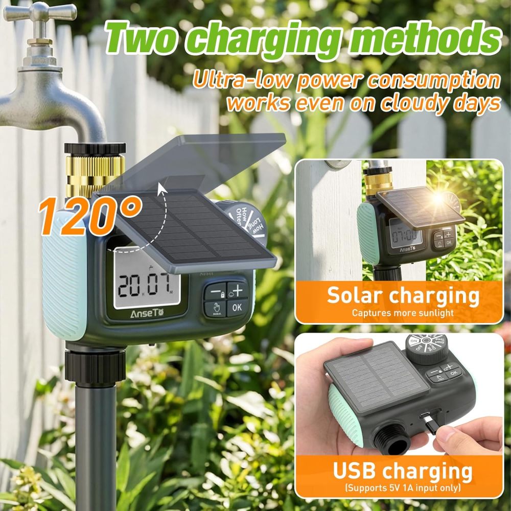 Temporizador de aspersor solar, temporizador de agua recargable solar y tipo C para manguera de jardín, sistema de grifo programable con retardo de lluvia, modo manual/automático, controlador de riego digital para césped/patio/piscina