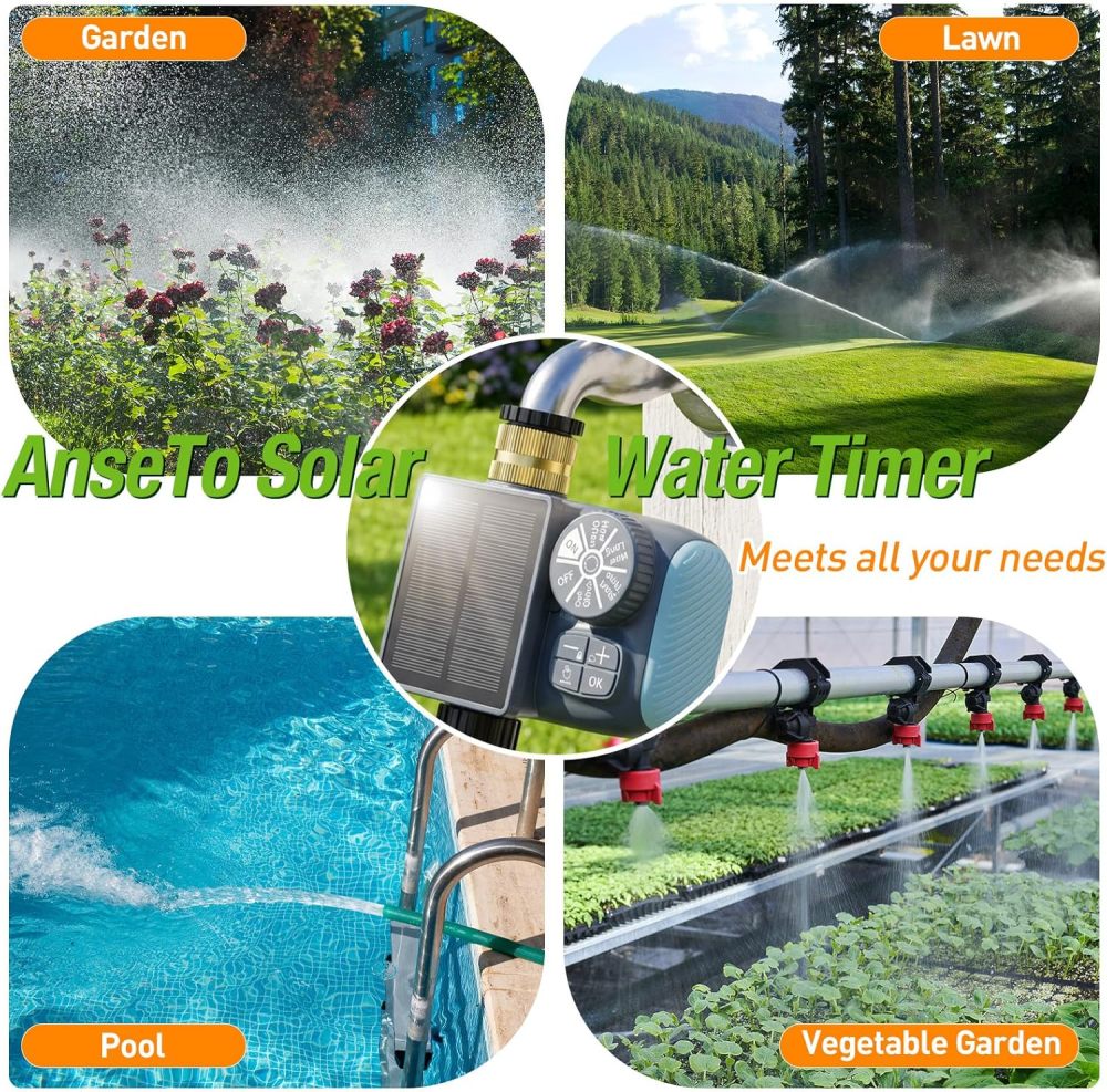 Temporizador de aspersor solar, temporizador de agua recargable solar y tipo C para manguera de jardín, sistema de grifo programable con retardo de lluvia, modo manual/automático, controlador de riego digital para césped/patio/piscina