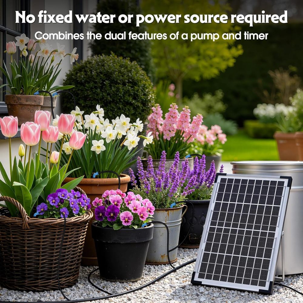 Sistema de riego solar de 10 W para riego automático de plantas, kit de riego por goteo de jardín de verano para sistema de riego por goteo de jardín solar, kit de sistema de riego compatible