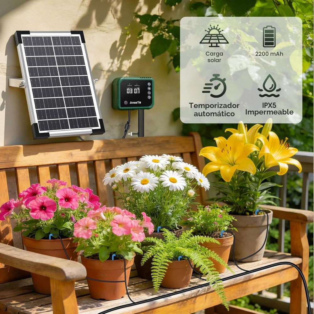 Sistema de riego por goteo solar de 8 W para jardines, kit de goteo automático de bricolaje, soporta riego de 30 ollas, incluye manguera de goteo de 114.8 ft y 30 emisores adecuados para