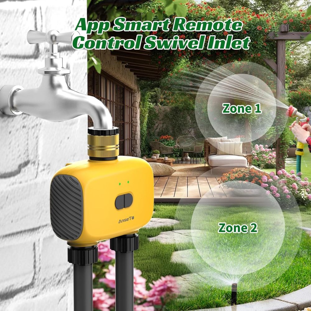 Temporizador de aspersor WiFi de 2 zonas, temporizador inteligente de agua para jardín con control remoto de aplicación para viajes, sistema de riego inteligente de entrada de latón para