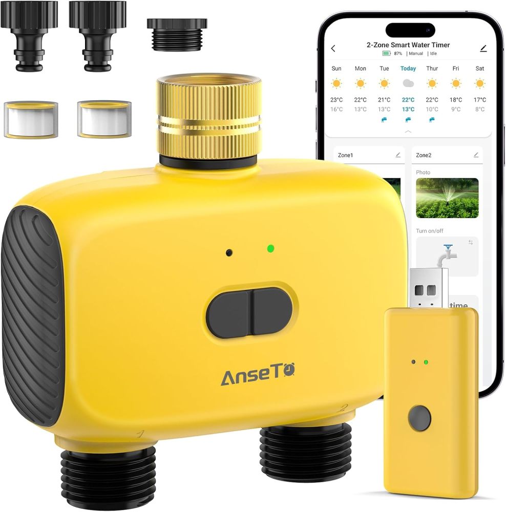 Temporizador de aspersor WiFi de 2 zonas, temporizador inteligente de agua para jardín con control remoto de aplicación para viajes, sistema de riego inteligente de entrada de latón para
