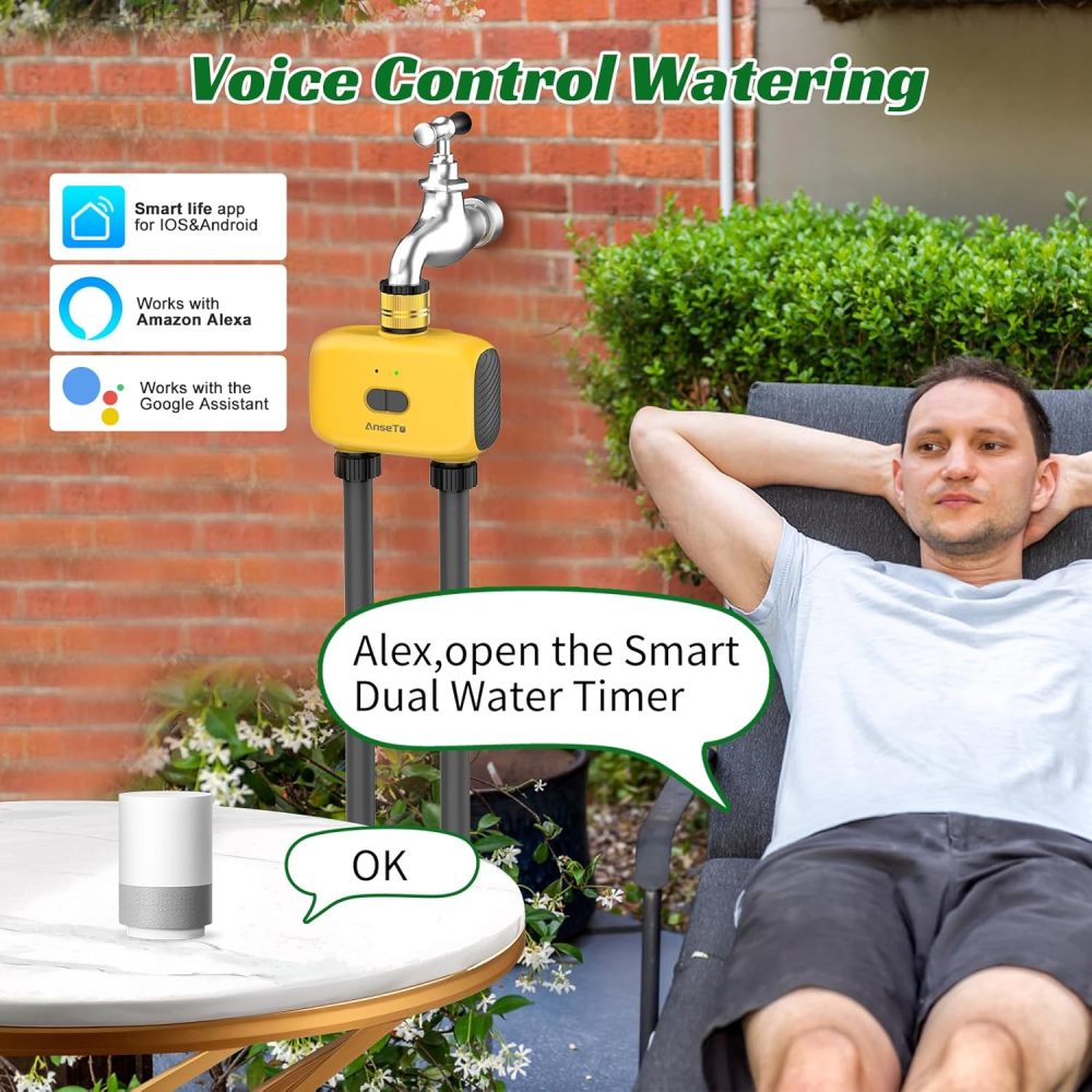 Temporizador de aspersor WiFi de 2 zonas, temporizador inteligente de agua para jardín con control remoto de aplicación para viajes, sistema de riego inteligente de entrada de latón para