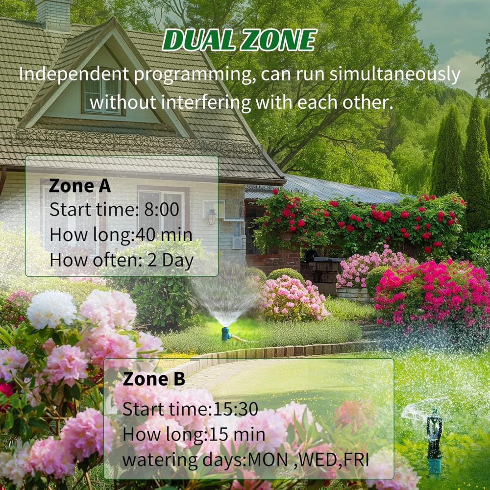 Temporizador de aspersor WiFi de 2 zonas, temporizador inteligente de agua para jardín con control remoto de aplicación para viajes, sistema de riego inteligente de entrada de latón para