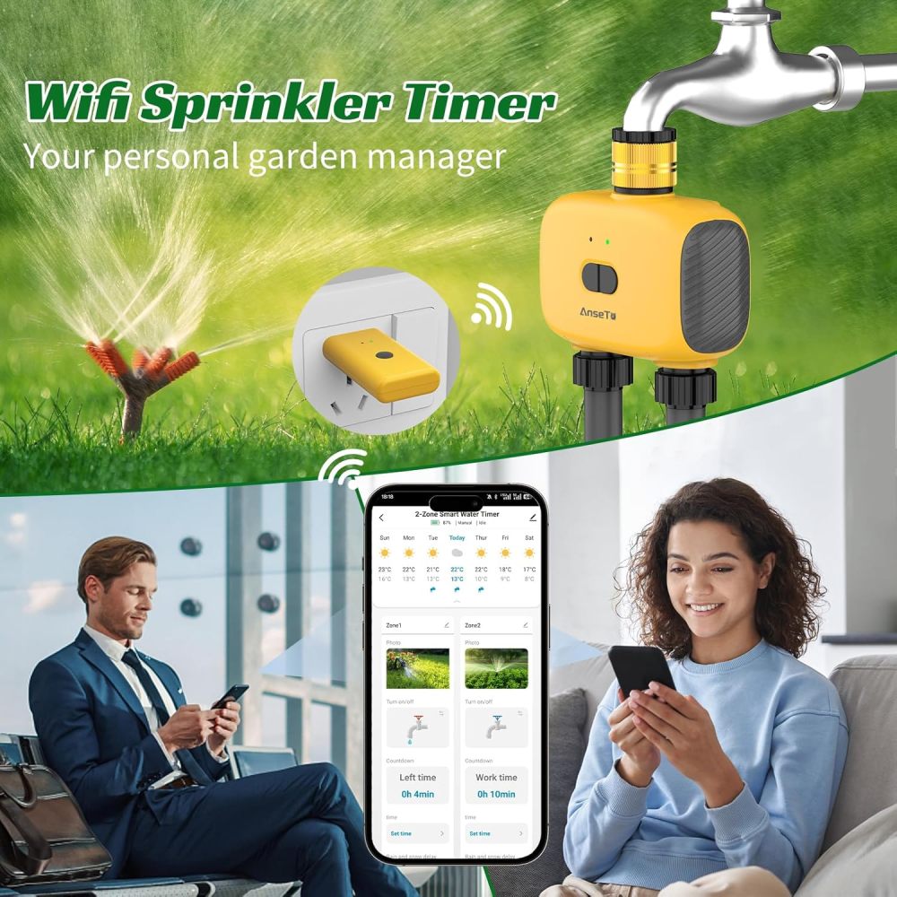 Temporizador de aspersor WiFi de 2 zonas, temporizador inteligente de agua para jardín con control remoto de aplicación para viajes, sistema de riego inteligente de entrada de latón para