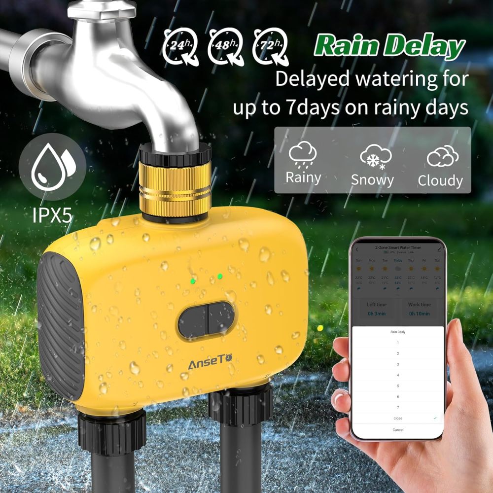 Temporizador de aspersor WiFi de 2 zonas, temporizador inteligente de agua para jardín con control remoto de aplicación para viajes, sistema de riego inteligente de entrada de latón para