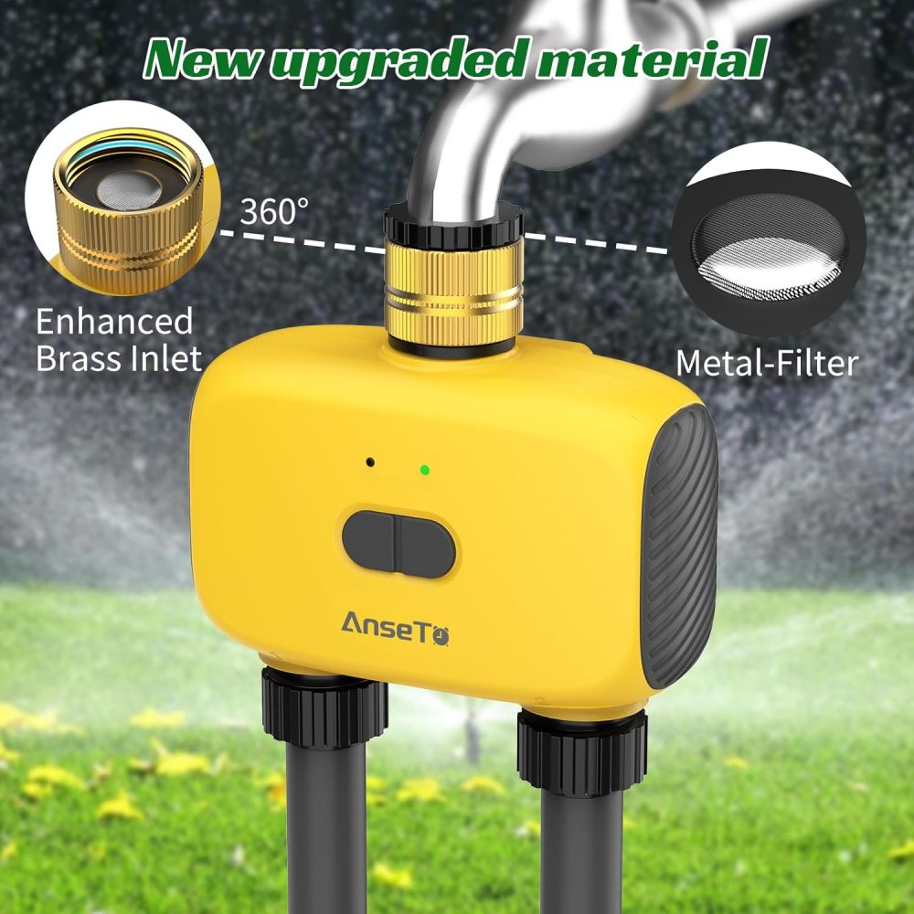 Temporizador de aspersor WiFi de 2 zonas, temporizador inteligente de agua para jardín con control remoto de aplicación para viajes, sistema de riego inteligente de entrada de latón para