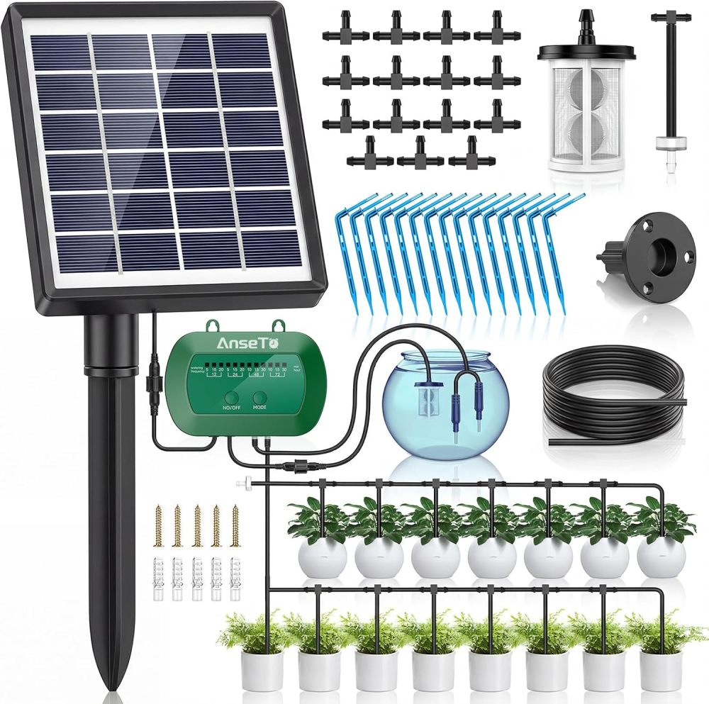 Sistema de riego por goteo solar, kit de riego automático con diseño dividido y válvula antisifón, sistema de riego de jardín de 12 modos con manguera de 49 pies para 15 plantas en maceta, patio, balcón e invernadero