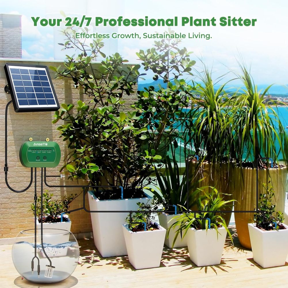 Sistema de riego por goteo solar, kit de riego automático con diseño dividido y válvula antisifón, sistema de riego de jardín de 12 modos con manguera de 49 pies para 15 plantas en maceta, patio, balcón e invernadero