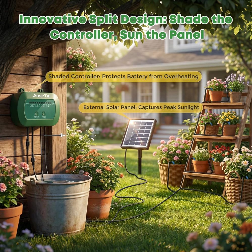 Sistema de riego por goteo solar, kit de riego automático con diseño dividido y válvula antisifón, sistema de riego de jardín de 12 modos con manguera de 49 pies para 15 plantas en maceta, patio, balcón e invernadero