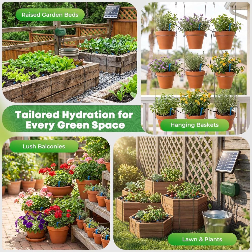 Sistema de riego por goteo solar, kit de riego automático con diseño dividido y válvula antisifón, sistema de riego de jardín de 12 modos con manguera de 49 pies para 15 plantas en maceta, patio, balcón e invernadero