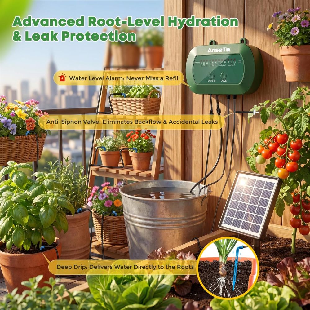 Sistema de riego por goteo solar, kit de riego automático con diseño dividido y válvula antisifón, sistema de riego de jardín de 12 modos con manguera de 49 pies para 15 plantas en maceta, patio, balcón e invernadero
